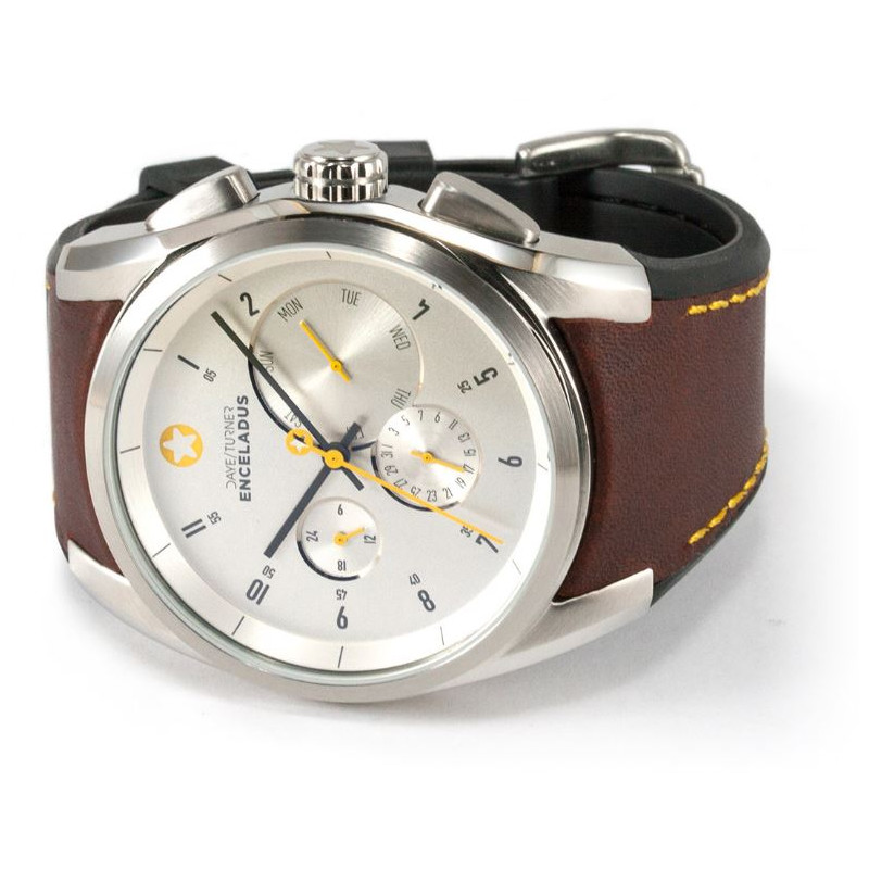 DayeTurner Reloj de caballero analógico ENCELADUS, plata - cuero marrón claro