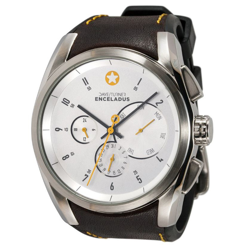 DayeTurner Reloj de caballero analógico ENCELADUS, plata - cuero marrón oscuro