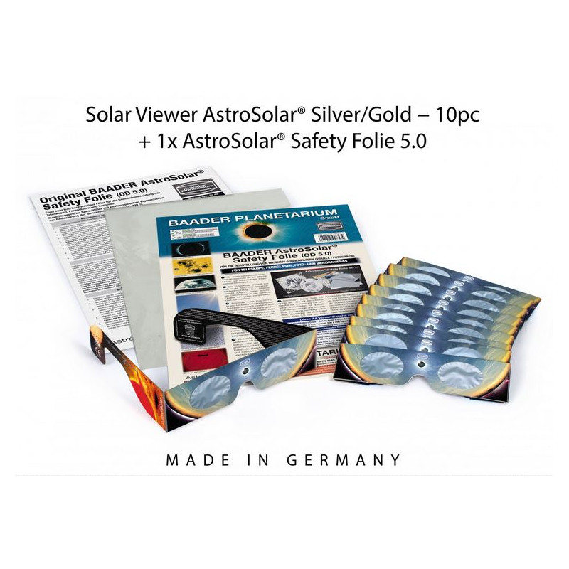Baader Filtros solares: 10 gafas AstroSolar® plateadas/doradas y 1 lámina AstroSolar