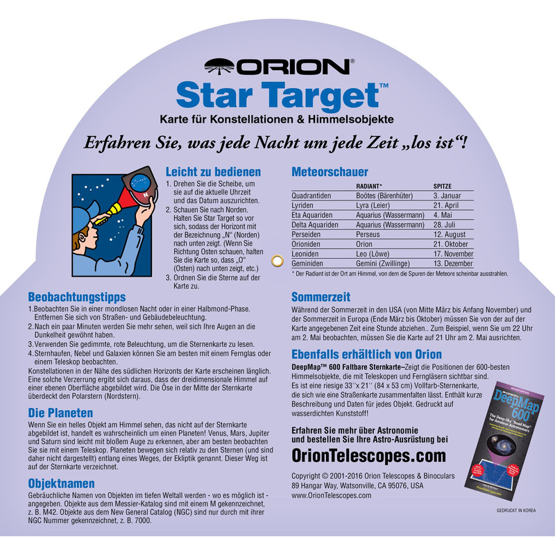 Orion Mapa estelar Drehbare Sternkarte Star Target für 40°-60° nord
