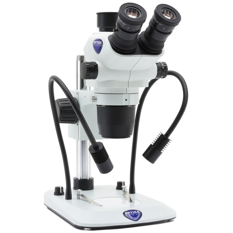 Optika Microscopio stereo zoom SZO-6 , trino, 6,7-45x, Soporte de columna, Luz incidente y transmitida, foco doble