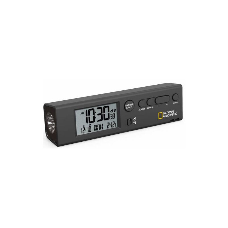 National Geographic Reloj despertador con hora mundial radiocontrolada, termómetro y Lámpara de bolsillo