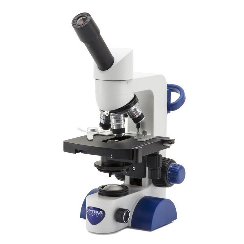 Optika Microscopio B-65, mono, 40-1000x, LED, batería, mesa en cruz