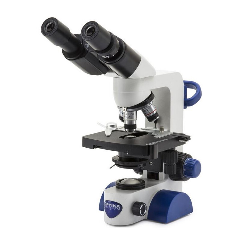 Optika Microscopio B-69, bino, 40-1000x, LED, batería, mesa en cruz