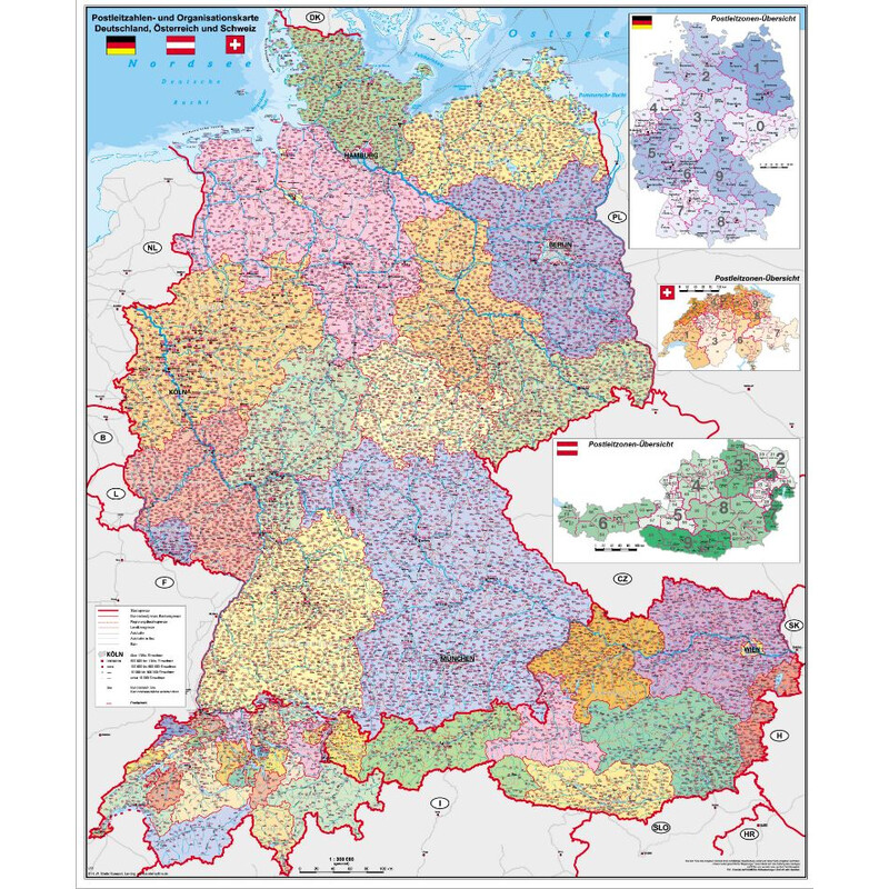 Stiefel Mapa regional Deutschland-Österreich-Schweiz PLZ- u. Organisationskarte