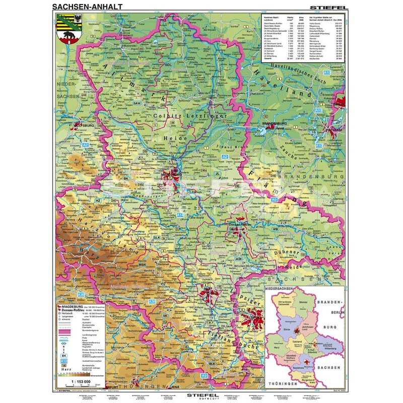 Stiefel Mapa regional Sachsen-Anhalt physisch XL