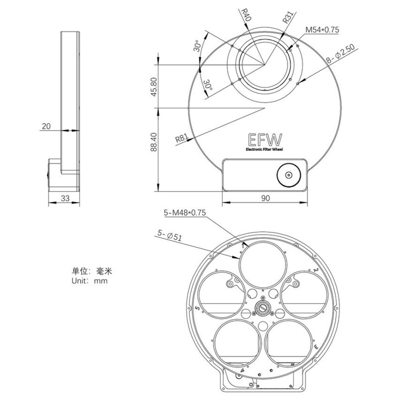 ZWO Rueda de filtros Filterrad EFW 5x2"