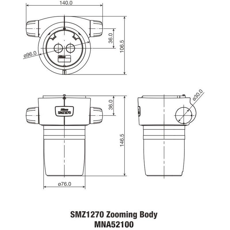 Nikon Cabazal estereo microsopio SMZ-1270 Stereo Zoom Head, bino, 6.3-80x, click stop, ratio 12.7:1, 64 mm, 20°, WD 70 mm