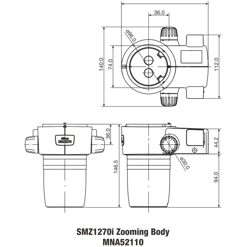 Nikon Cabazal estereo microsopio SMZ-1270i Stereo Zoom Head, trino, 6.3-80x, click stop, ratio 12.7:1, 64 mm, 0-30°, WD 70 mm