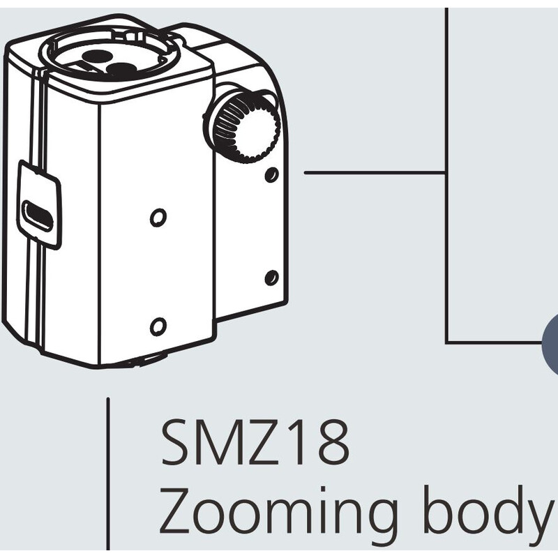Nikon Cabazal estereo microsopio SMZ18, manual , parallel optics, achromate, Zoom Head, bino, 7.5-135x, click stop, ratio 18:1, 15°