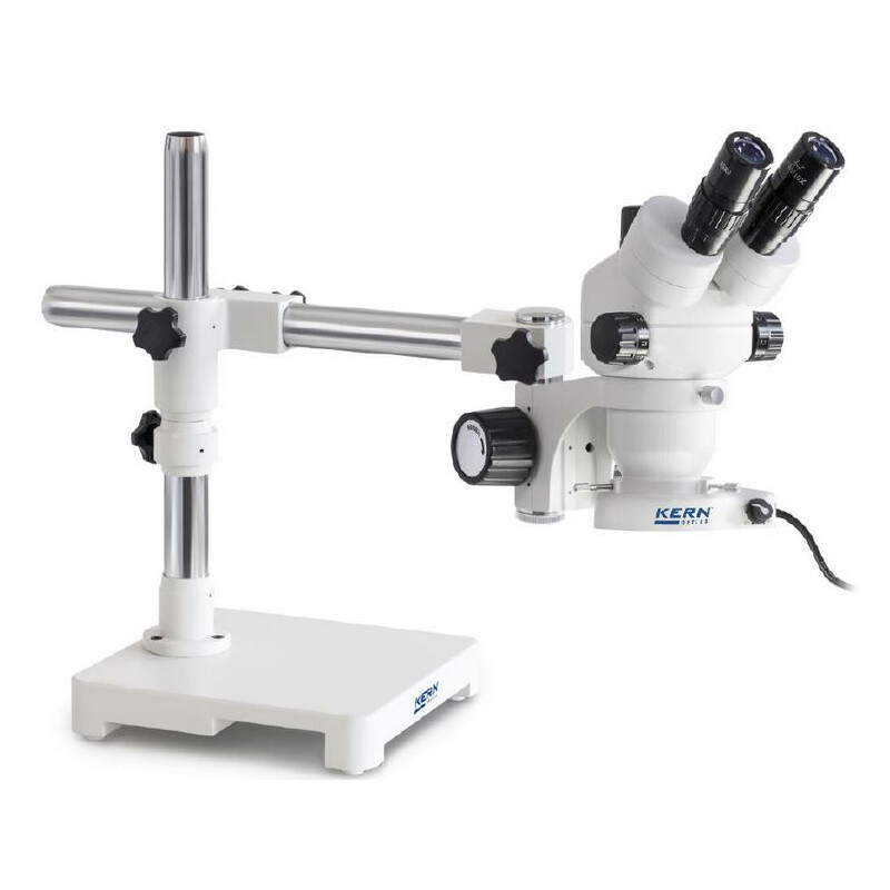 Kern Microscopio stereo zoom OZM 903, trino, 7x-45x, HSWF10x23mm, Trípodes, Un brazo (430 mm x 385 mm) con tablero, Iluminador anular LED 4,5 W