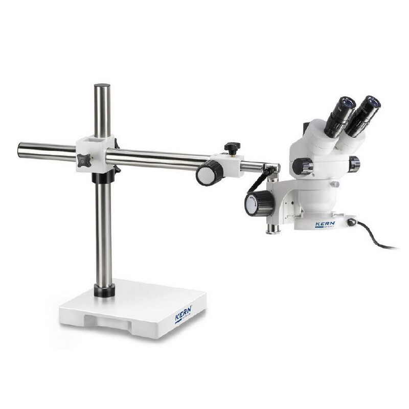 Kern Microscopio stereo zoom OZM 913, trino, 7x-45x, HSWF 10x23 mm, Trípodes, Un brazo (515 mm x 614 mm) con tablero, Iluminador anular LED 4,5 W
