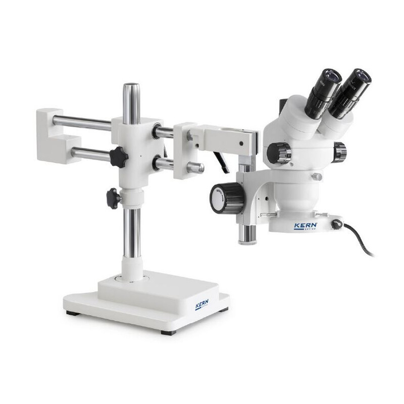 Kern Microscopio stereo zoom OZM 923, trino, 7-45x, HSWF 10x23 mm, Trípode de doble brazo, 430x480 mm, con tablero, Iluminador anular LED 4,5 W
