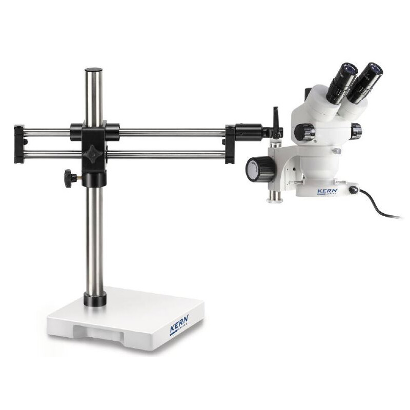 Kern Microscopio stereo zoom OZM 932, bino, 7-45x, HSWF 10x23 mm, Trípode de doble brazo, 430x480 mm, con tablero, Iluminador anular LED 4,5 W