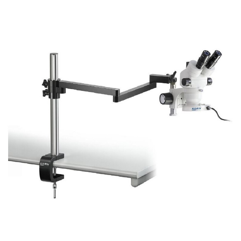 Kern Microscopio stereo zoom OZM 952, bino, 7-45x , HSWF 10x23 mm,  Trípode, Brazo articulado, Abrazadera de mesa, Iluminador anular LED 4,5W