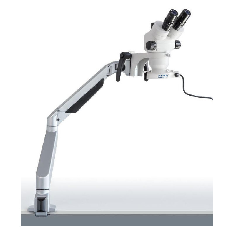 Kern Microscopio stereo zoom OZM 982, bino 7-45x, HSWF 10x23 mm, Base industriel, muelle, pinza de mesa, luz anular LED 4,5W