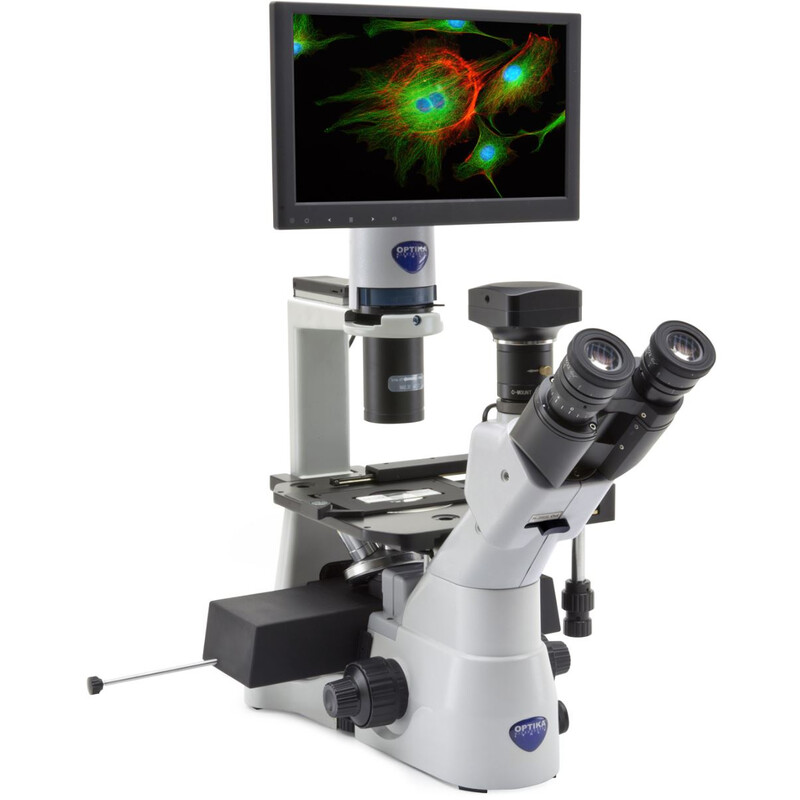 Optika Microscopio invertido IM-3LD4D, 6MP, pantalla de 12", trino, IOS U-PLAN F, LED-FLUO, LWD, 400x, 4 ranuras de filtro vacías