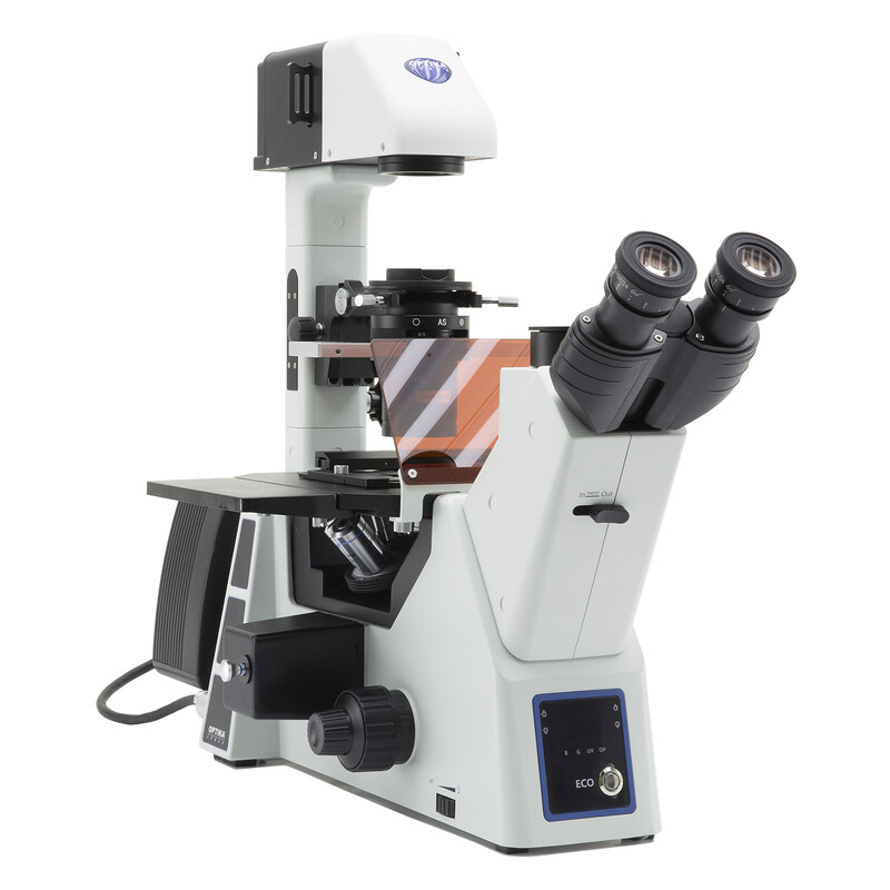 Optika Microscopio IM-5FLD-EU, trino, invertido, FL-LED, objetivos c.o., UE