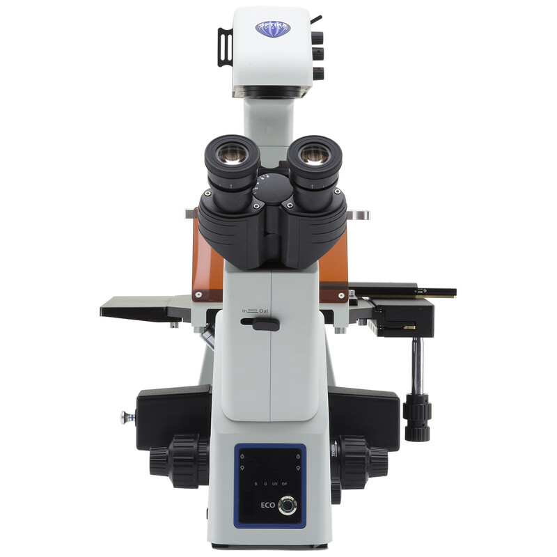Optika Microscopio IM-5FLD-EU, trino, invertido, FL-LED, objetivos c.o., UE