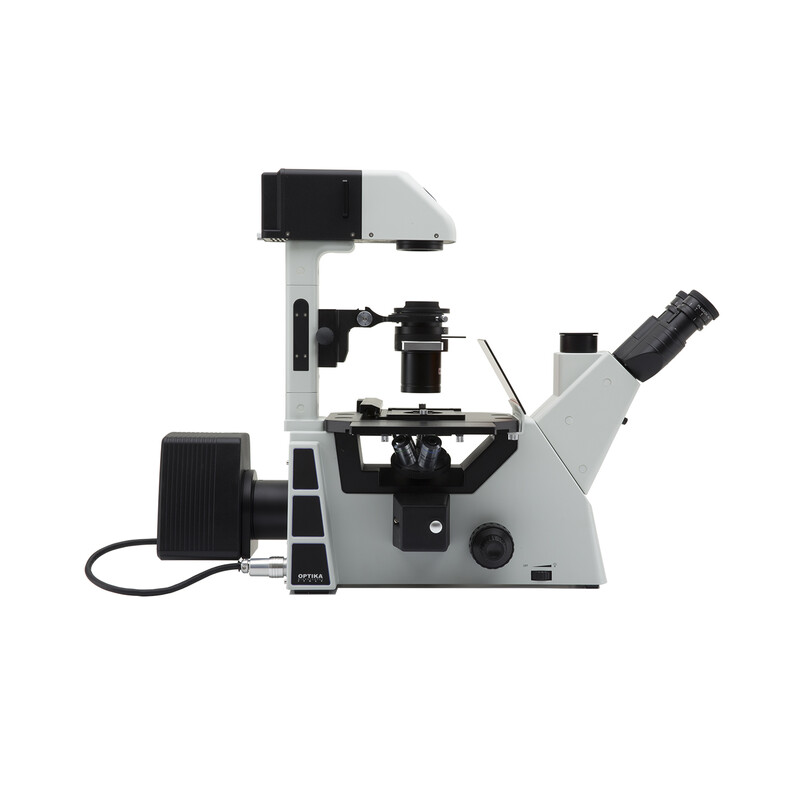 Optika Microscopio IM-5FLD-EU, trino, invertido, FL-LED, objetivos c.o., UE