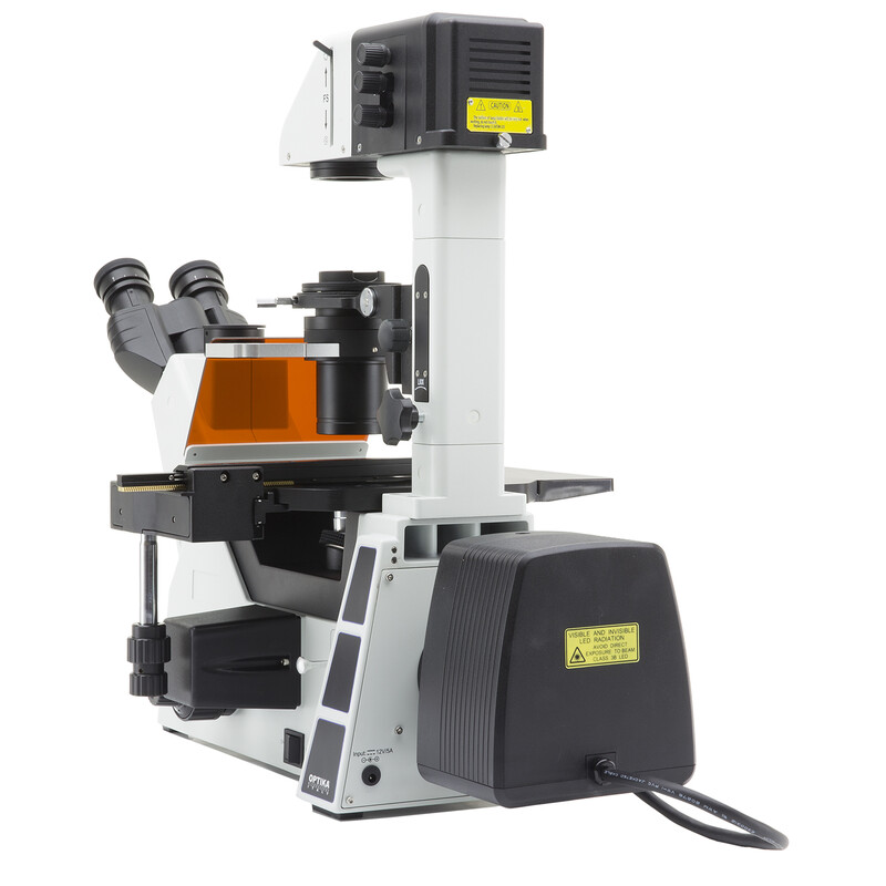 Optika Microscopio IM-5FLD-EU, trino, invertido, FL-LED, objetivos c.o., UE