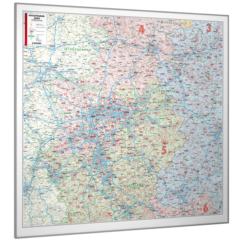 Bacher Verlag Mapa regional Nordrhein-Westfalen mit Postleitzahlen (152 x 150 cm)