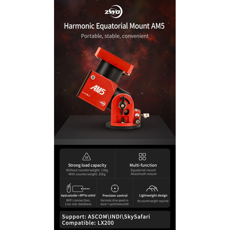 ZWO Montura ecuatorial armónica AM5 + trípode de Carbon