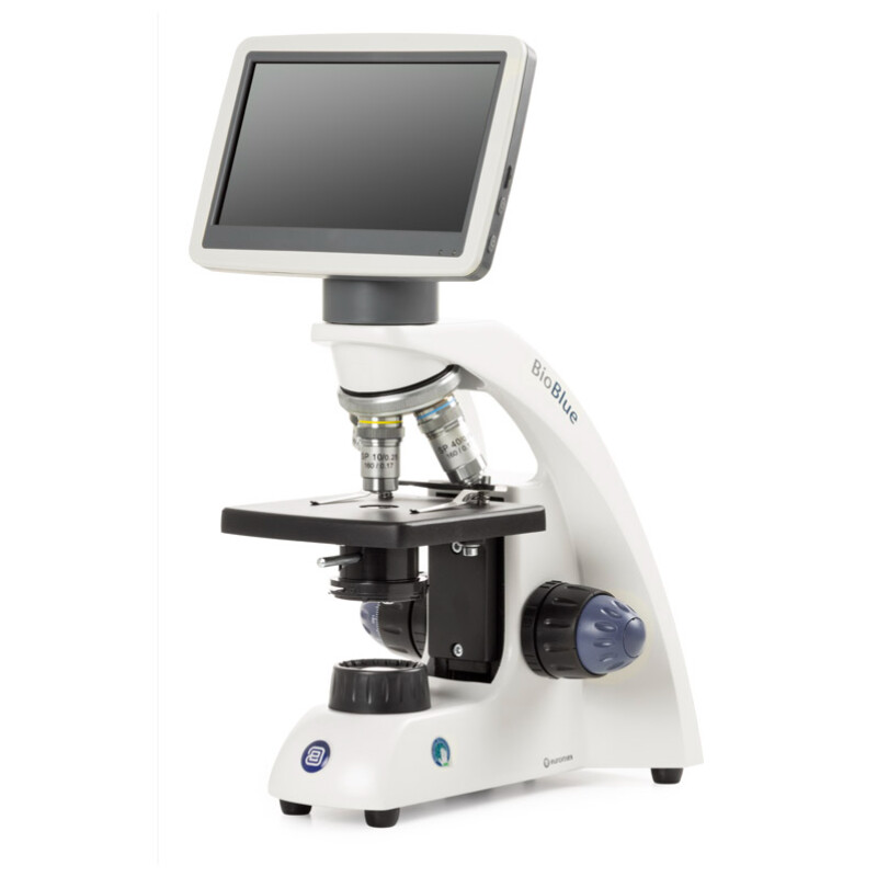 Euromex Microscopio BioBlue, BB.4200-LCD, pantalla LCD de 7 pulgadas, objetivos SMP 4/10/S40x, DIN, 40x - 400x, 10x/18, LED, 1W, mesa de objeto simple