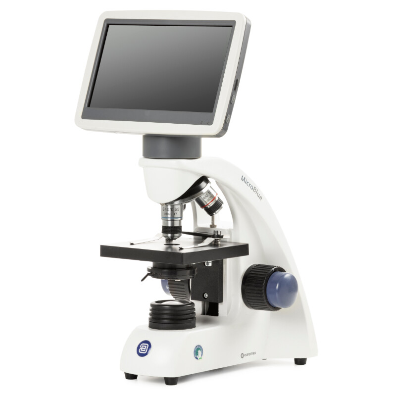 Euromex Microscopio MicroBlue, MB.1001-LCD, pantalla LCD de 5,6 pulgadas, objetivos Achr. 4/10/S40x, DIN 35 mm perf., 40x - 400x, LED, 1W, mesa de objeto simple