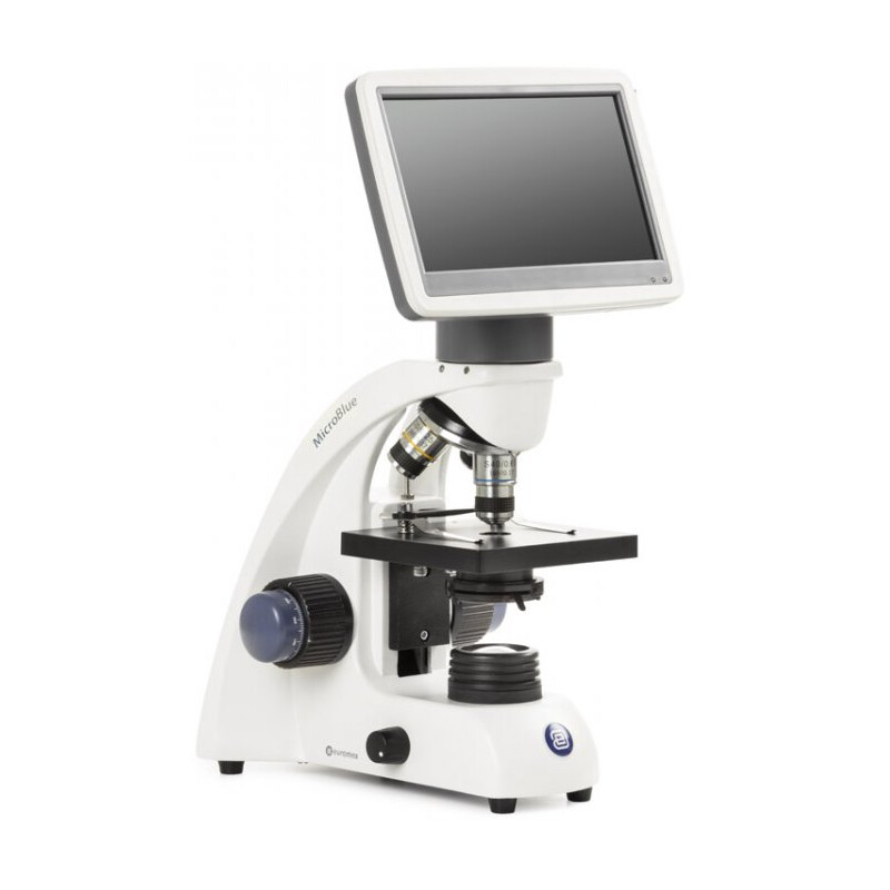 Euromex Microscopio MicroBlue, MB.1051-LCD, pantalla LCD de 5,6 pulgadas, Objetivos Achr. 4/10/S40x, DIN 35 mm perf., 40x - 400x, LED, 1W, Mesa en cruz
