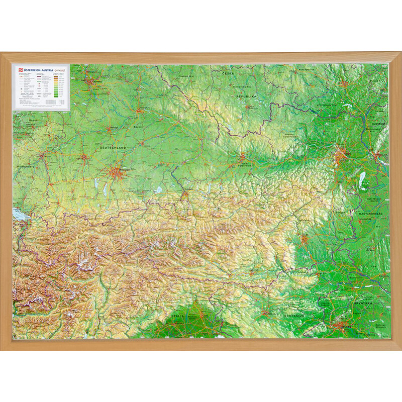 Georelief Austria, grande, mapa en relieve 3D con marco de madera