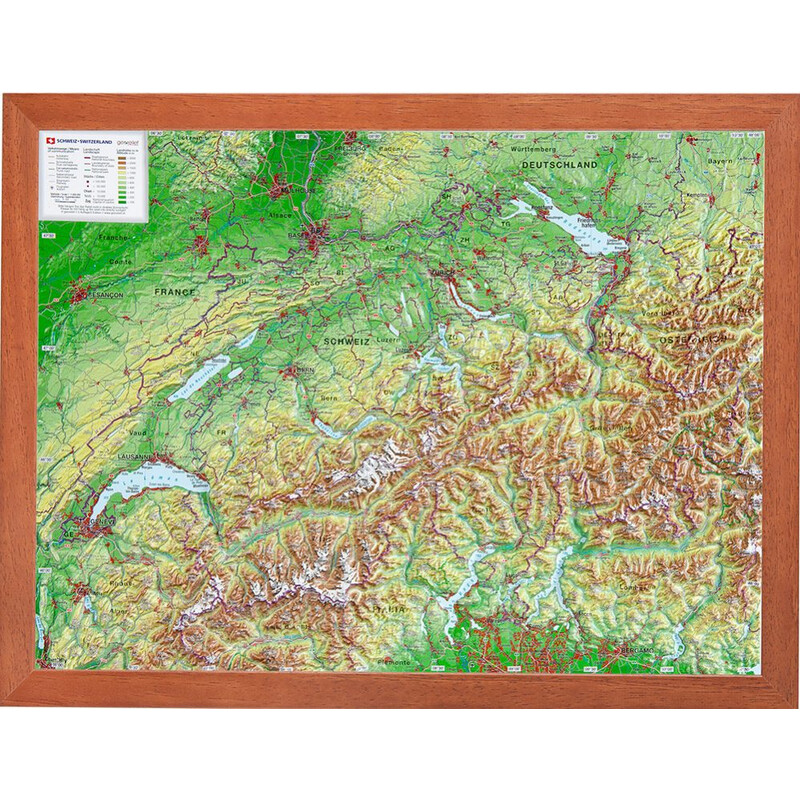 Georelief Mapa 3D en relieve de Suiza (39x29) con marco de madera