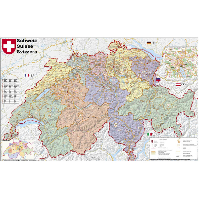 Stiefel Mapa Suiza político con códigos postales (95 x 62 cm)