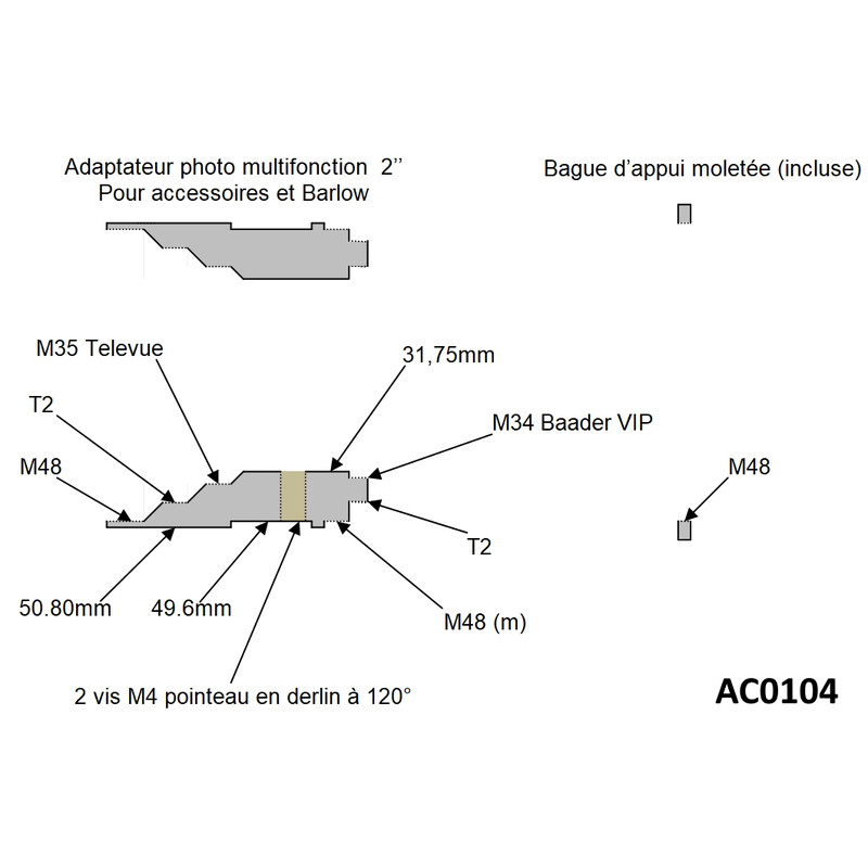 Pierro Astro Adaptador para cámaras de 50,80 mm a T2 y M48 para Barlow