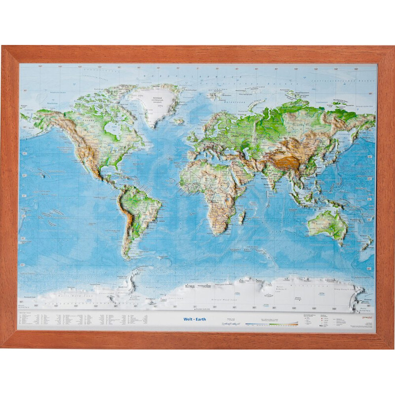 Georelief Mapamundi Mundo, pequeño, mapa en relieve 3D