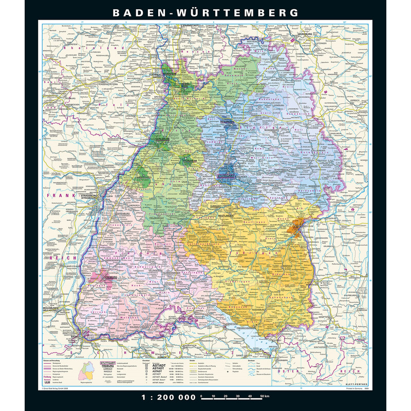 PONS Mapa regional Baden-Wurtemberg físico y político (148 x 168 cm)
