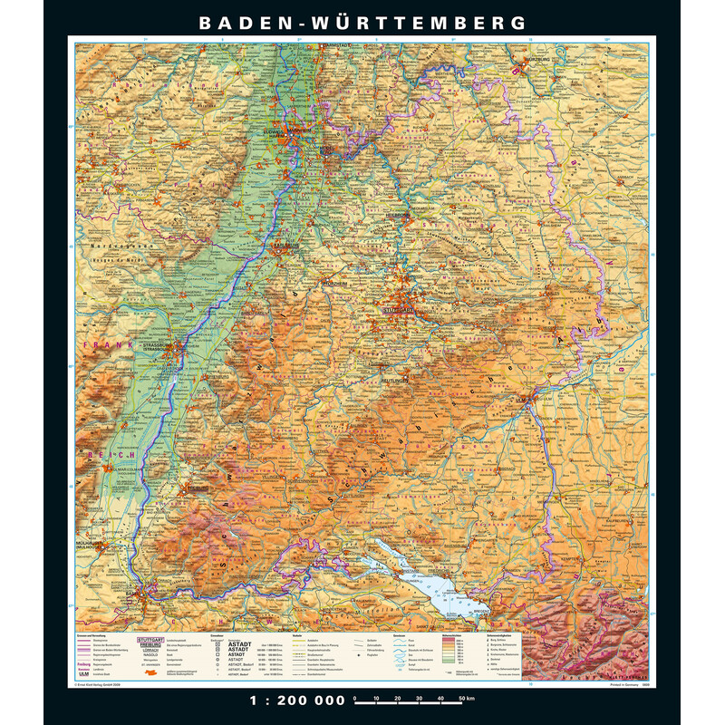 PONS Mapa regional Baden-Wurtemberg físico y político (148 x 168 cm)