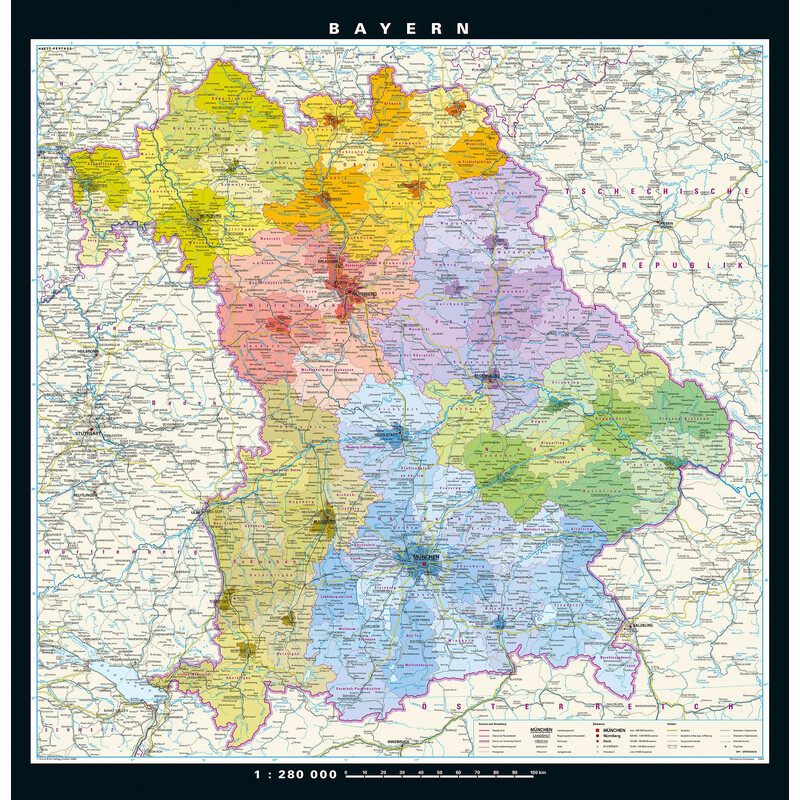 PONS Mapa regional Baviera física y política (148 x 150 cm)