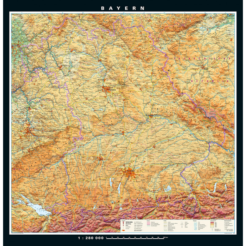 PONS Mapa regional Baviera física y política (148 x 150 cm)
