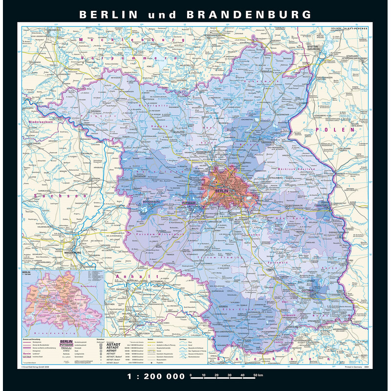 PONS Mapa regional Berlín-Brandeburgo físico y político (148 x 150 cm)