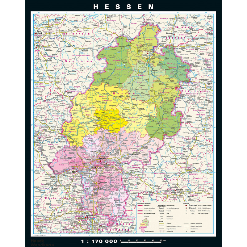 PONS Mapa regional Hessen físico y político (148 x 183 cm)