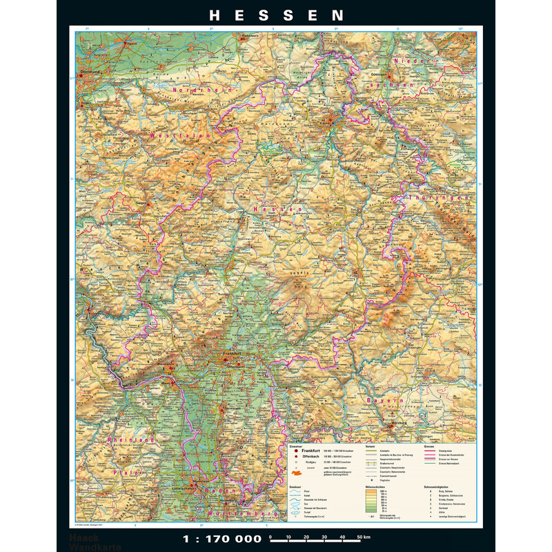 PONS Mapa regional Hessen físico y político (148 x 183 cm)