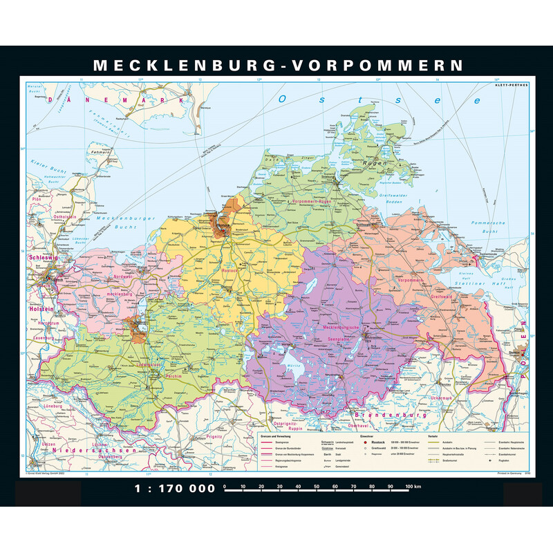 PONS Mapa regional Mecklemburgo-Pomerania Occidental físico y político (178 x 148 cm)