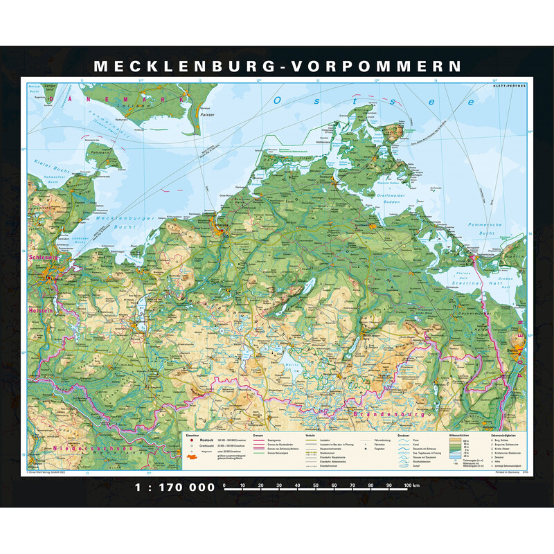PONS Mapa regional Mecklemburgo-Pomerania Occidental físico y político (178 x 148 cm)