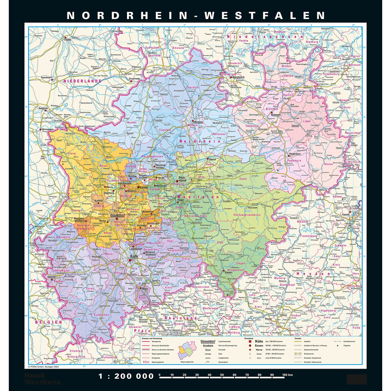 PONS Mapa regional Renania del Norte-Westfalia físico y político (148 x 155 cm)