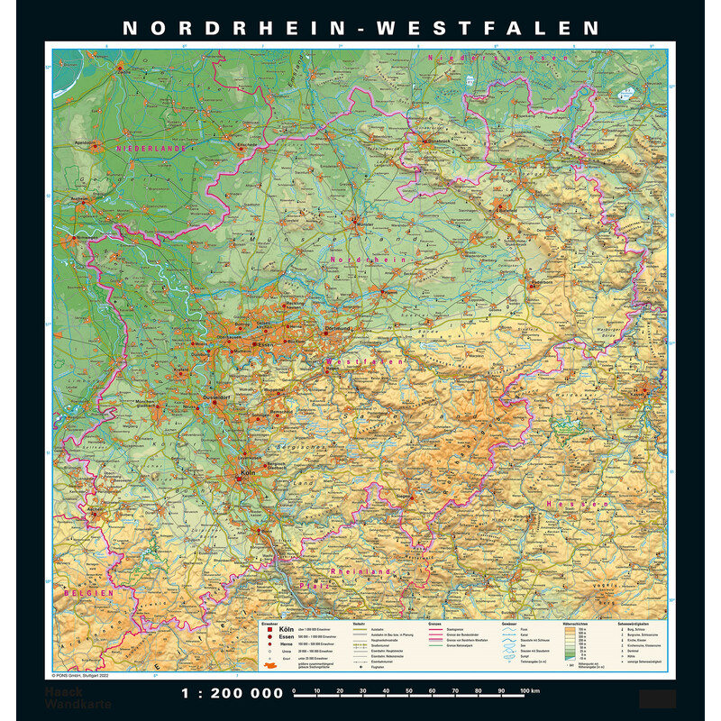 PONS Mapa regional Renania del Norte-Westfalia físico y político (148 x 155 cm)
