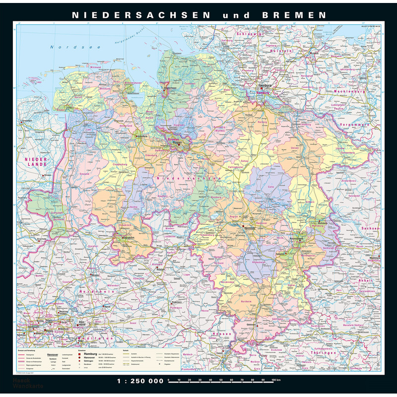 PONS Mapa regional Baja Sajonia y Bremen físico y político (148 x 150 cm)