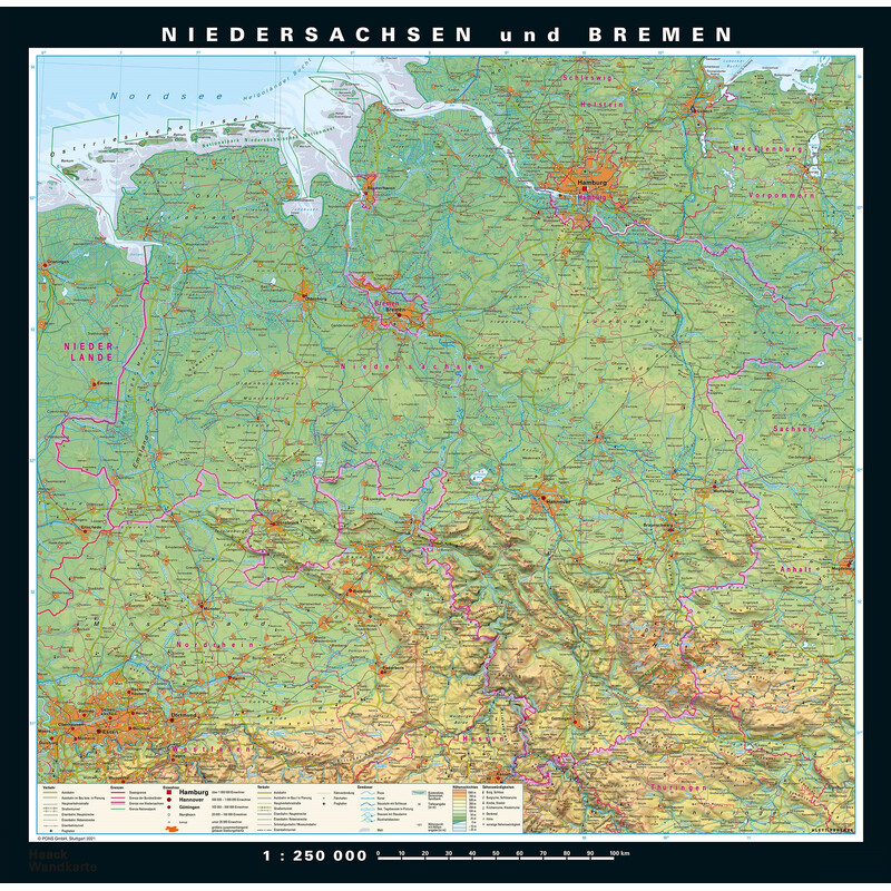 PONS Mapa regional Baja Sajonia y Bremen físico y político (148 x 150 cm)