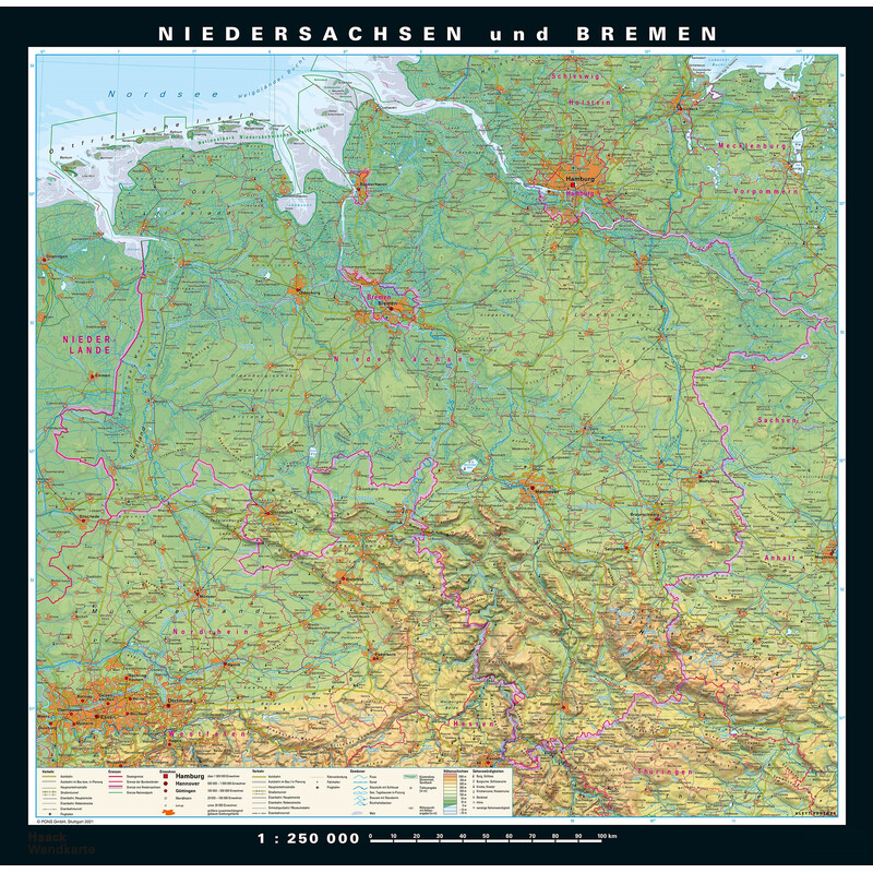 PONS Mapa regional Niedersachsen und Bremen physisch/politisch (148 x 150 cm)