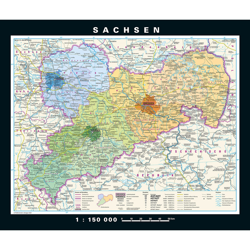 PONS Mapa regional Sajonia física y política (176 x 148 cm)
